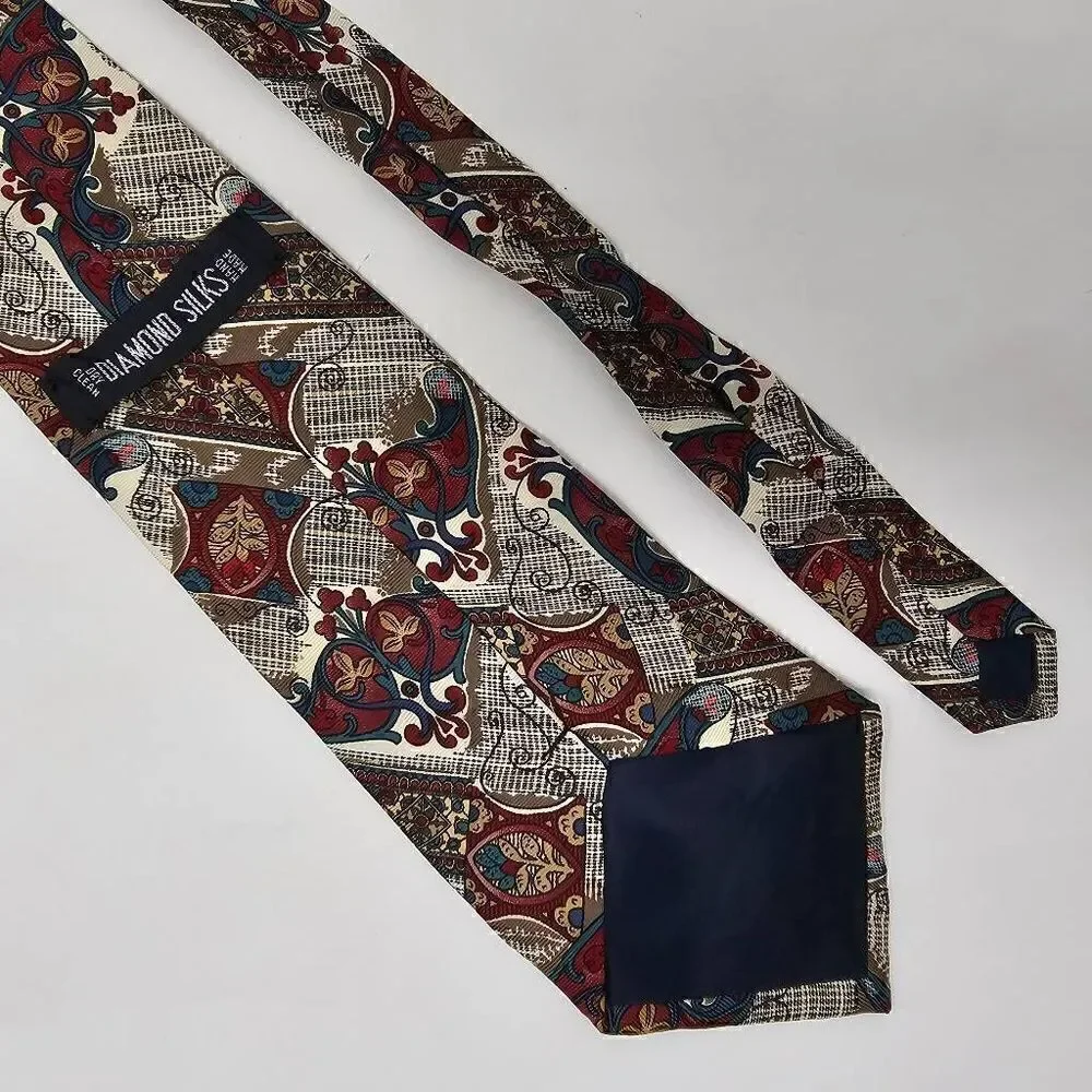 DIAMOND SILKS HAND MADE SILK TIE RED GREEN NEUTRAL COUNTRY THEME 4